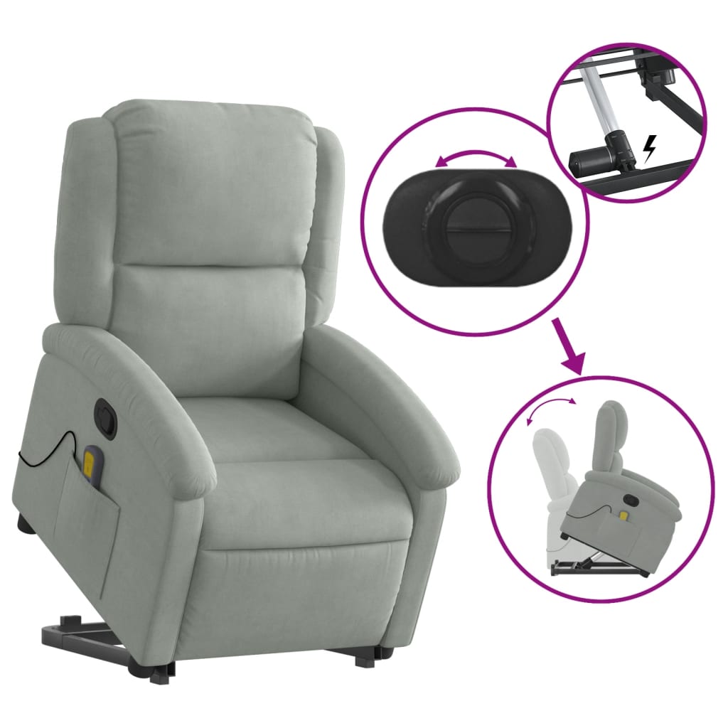vidaXL Stand up Massage Recliner Chair Light Gray Velvet-3