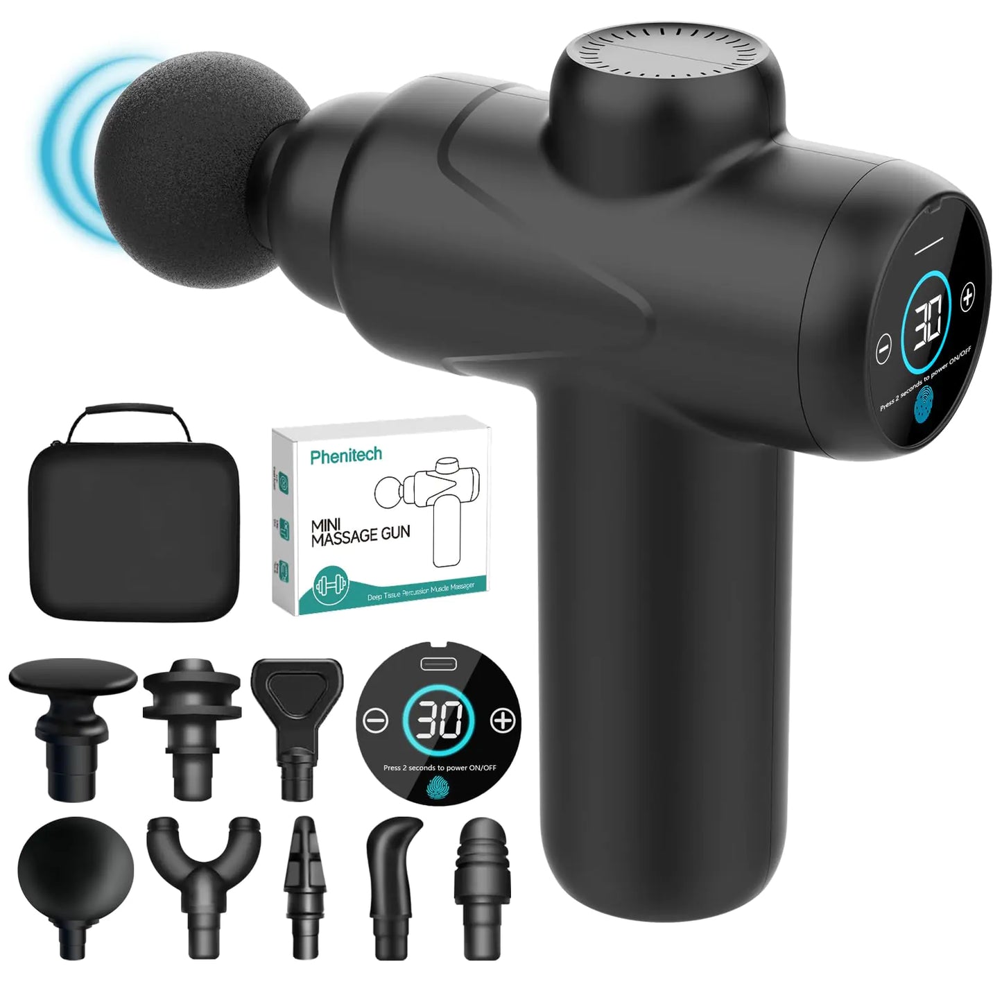 Mini Massage Gun - Massage Gun Deep Tissue Percussion Muscle Massager Gun For Athletes Muscle Massage Gun For Back Pain Relief With 8 Heads 30 Speeds Hand Held Massager with LCD Touch Screen & Case