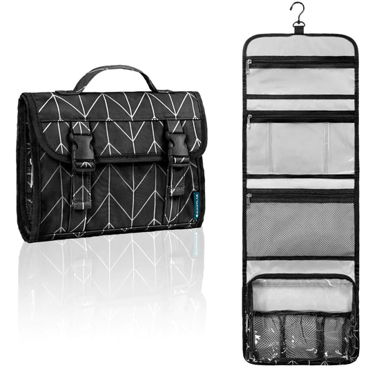 PAVILIA Travel Hanging Toiletry Bag for Women Men Large Capacity Makeup Bag Kit Waterproof Cosmetic Storage Organizer Case for Bathroom Shower Black Chevron